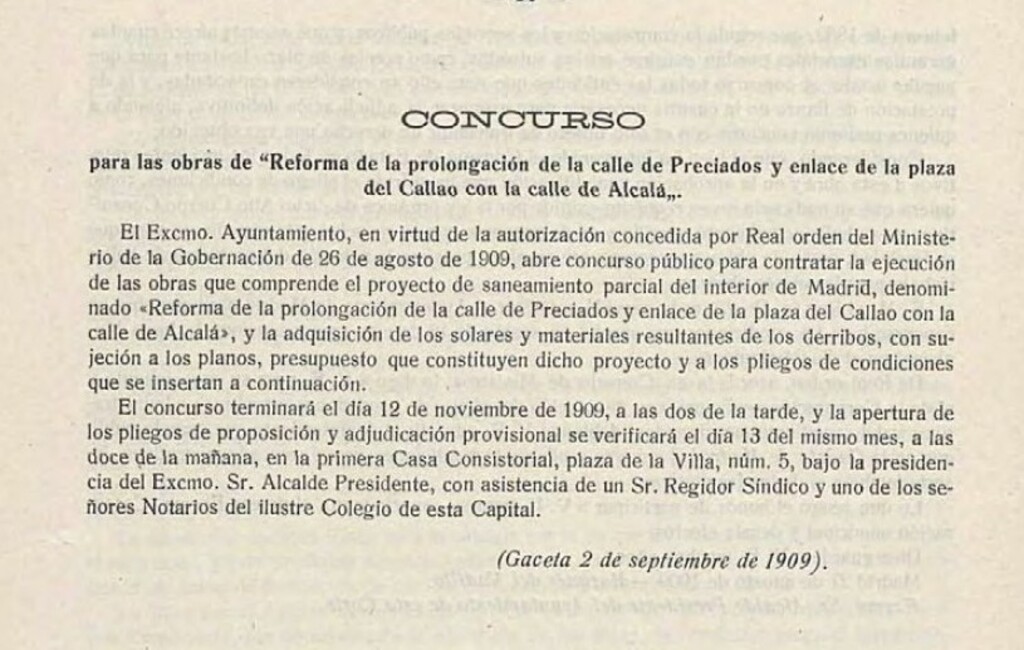 Miniatura de Apertura del concurso público a celebrar en noviembre de 1909 para la adjudicación de las obras de la Gran Vía