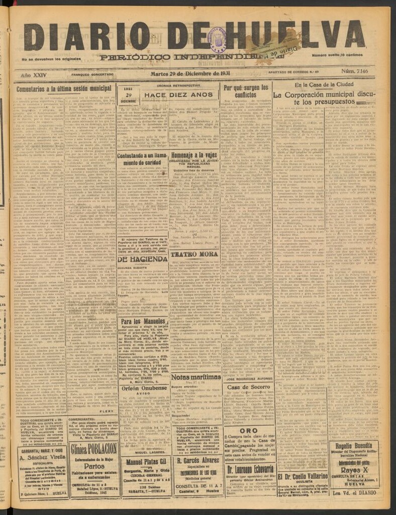 Miniatura de Diario de Huelva : periódico independiente del 29 de diciembre de 1931