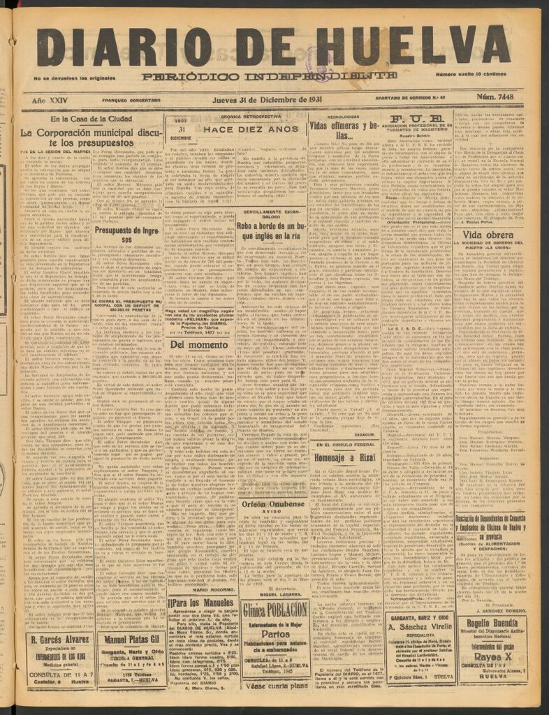 Miniatura de Diario de Huelva : periódico independiente del 31 de diciembre de 1931
