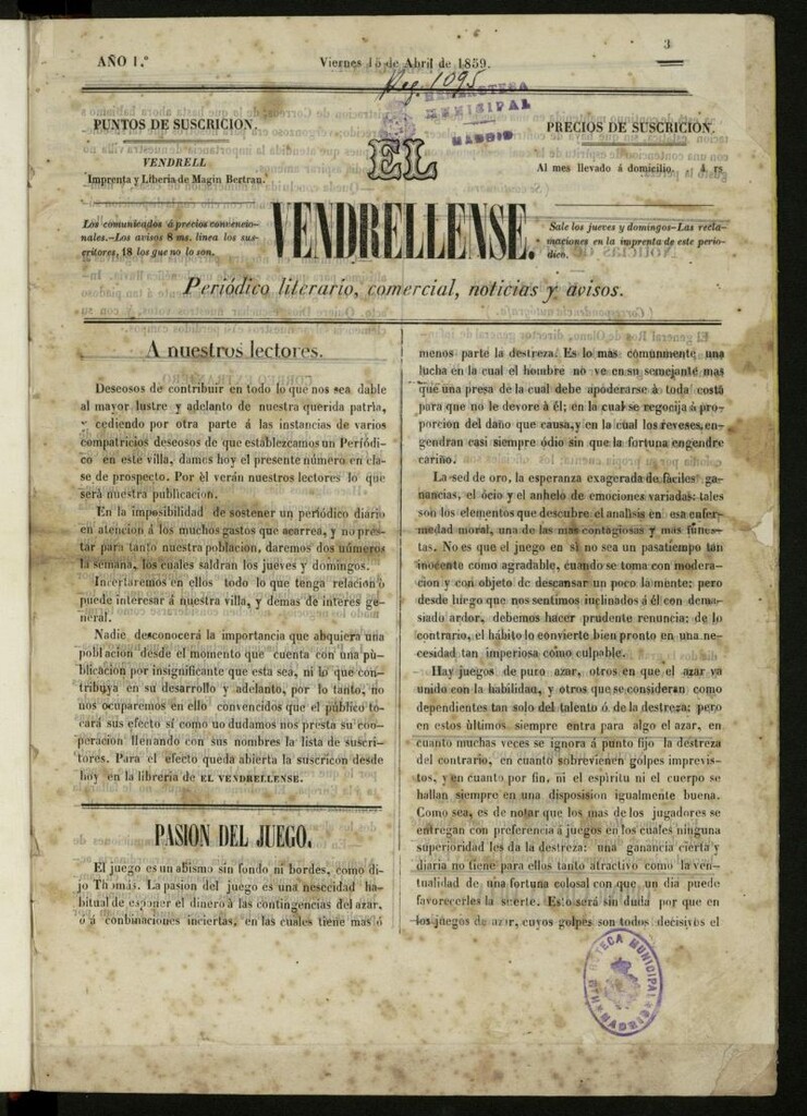 Miniatura de El Vendrellense: periódico literario, comercial, de noticias y avisos