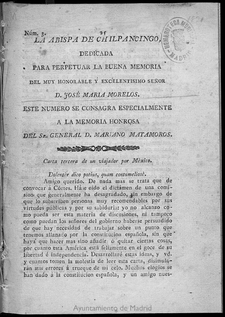 Miniatura de La Abispa [sic] de Chilpancingo : Dedicada para perpetuar la buena memoria de... José María Morelos. N. 3
