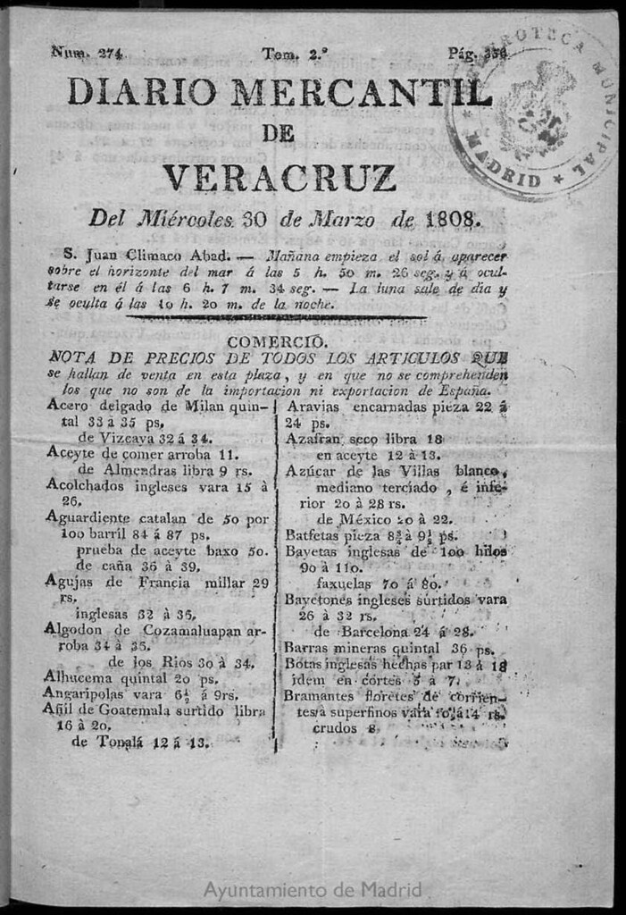 Miniatura de Diario Mercantil de Veracruz del miércoles 30 de marzo de 1808