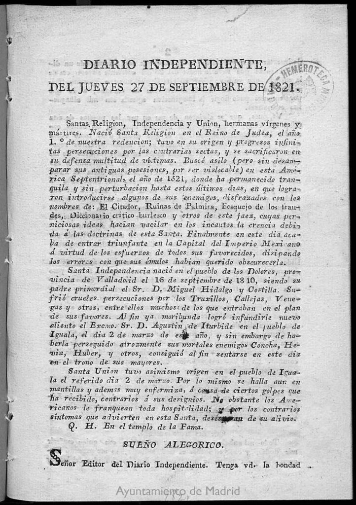 Miniatura de Diario Independiente del jueves 27 de noviembre de 1821