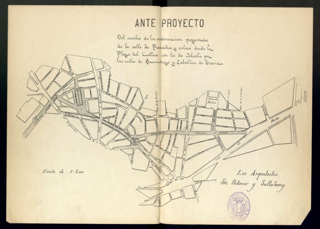 Miniatura de Plano del anteproyecto del cambio de la continuación proyectada de la calle de Preciados y enlace desde la plaza del Callao con la de Alcalá por las calles de Jacometrezo y Caballero de Gracia