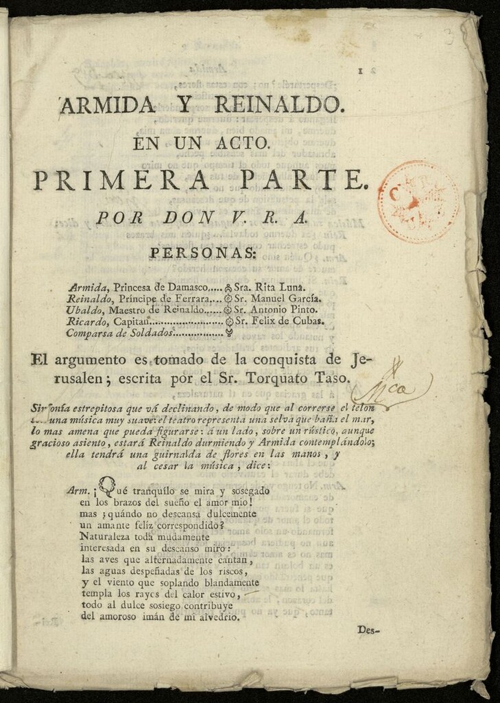 Miniatura de Armida y Reinaldo. Primera parte