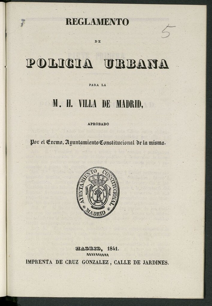 Miniatura de Reglamento de Policía Urbana para la M. H. Villa de Madrid