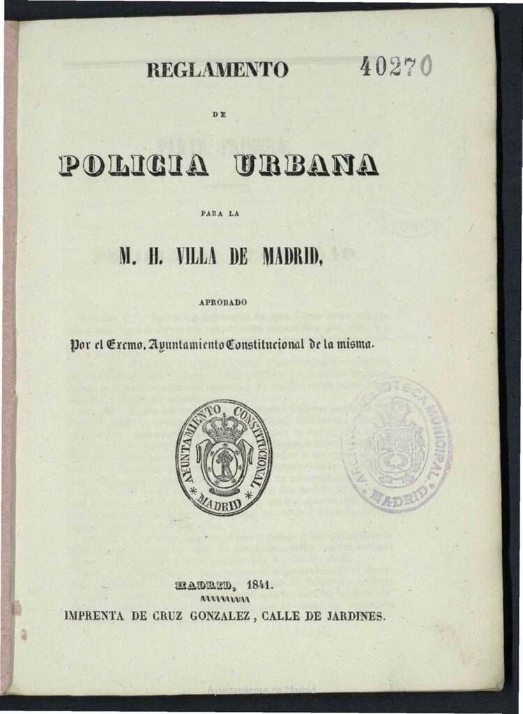 Miniatura de Reglamento de Policía Urbana para la M. H. Villa de Madrid
