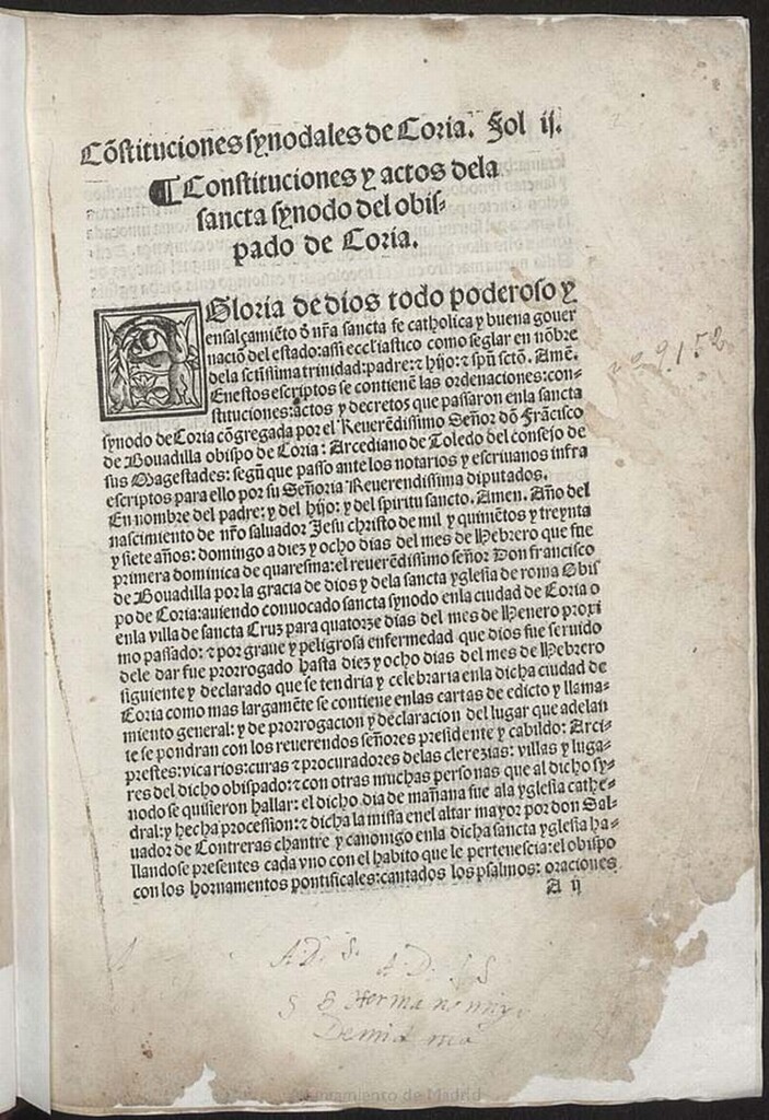 Miniatura de Constituciones y actos de la sancta synodo del obispado de Coria