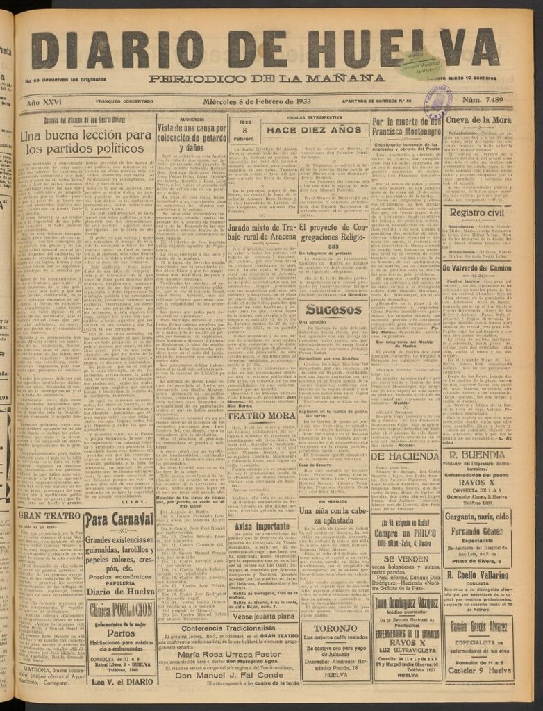 Miniatura de Diario de Huelva : periódico independiente del 8 de febrero de 1933