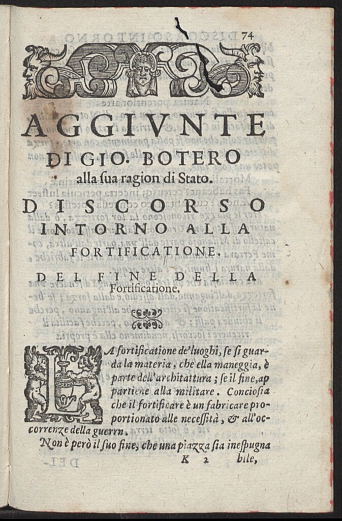 Miniatura de Aggiunte di Gio. Botero Benese Alla sua ragion di Stato : nelle quali si tratta Dell`Eccellenze degli Antichi Capitani, Della Neutralità ... ; Con vna Relatione del Mare.