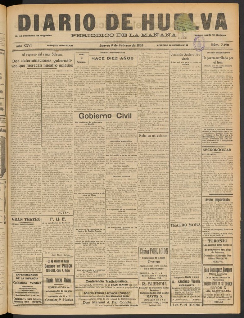 Miniatura de Diario de Huelva : periódico independiente del 9 de febrero de 1933