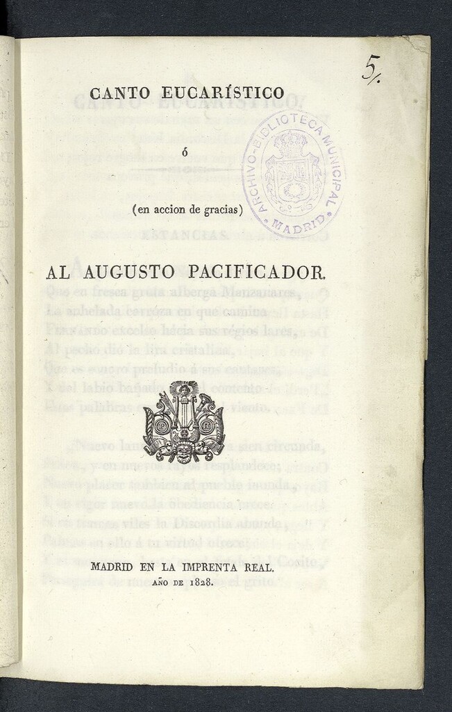 Miniatura de Canto Eucarístico ó [en acción de gracias] al Augusto Pacificador