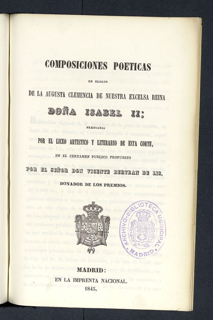Miniatura de Composiciones poéticas en elogio de la Augusta Clemencia de nuestra excelsa reina Doña Isabel II