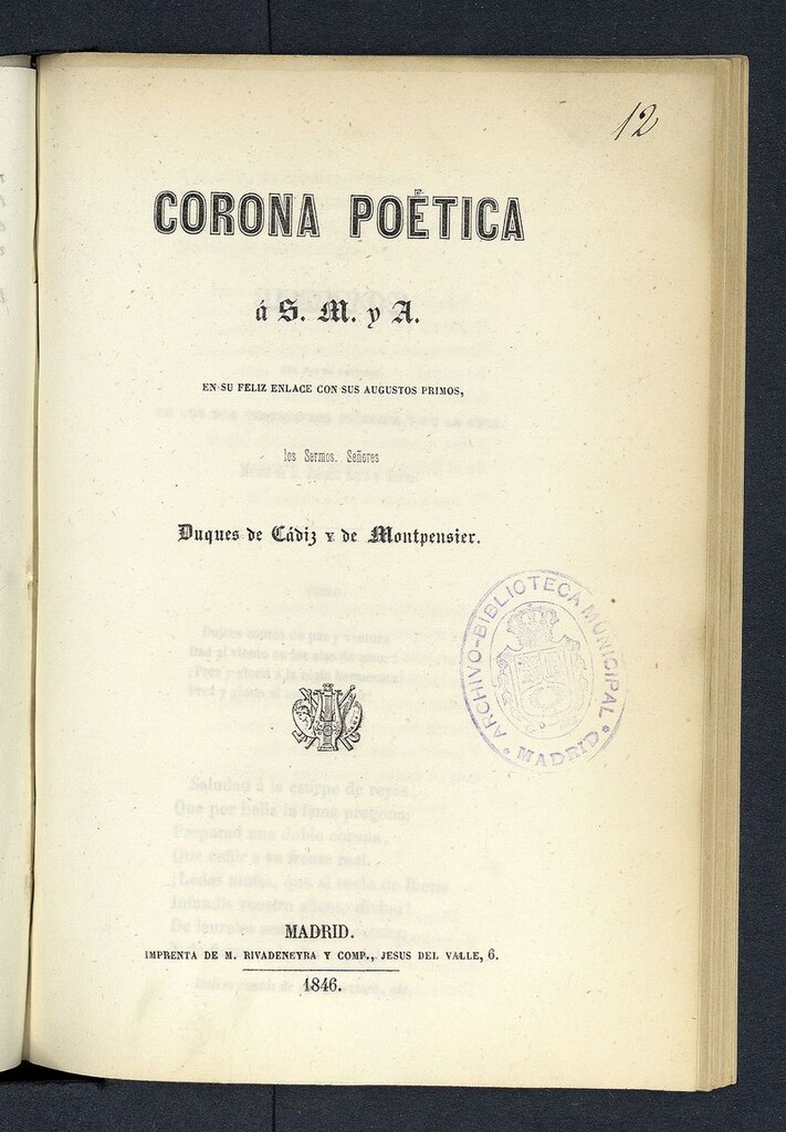 Miniatura de Corona poética a S.M. y A. en su feliz enlace con sus augustos primos los Sres. Duques de Cádiz y de Montpensier