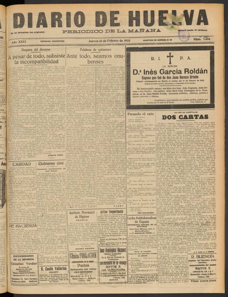 Miniatura de Diario de Huelva : periódico independiente del 16 de febrero de 1933