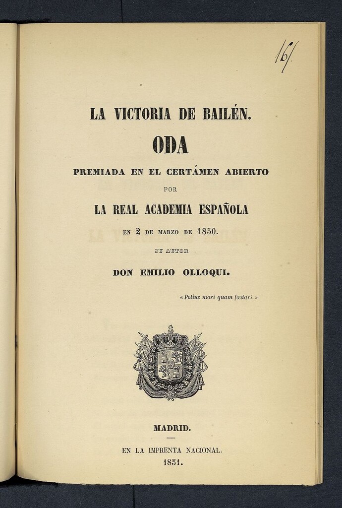Miniatura de La victoria de Bailén : Oda premiada en el certámen abierto por la Real Academia Española en 2 de Marzo de 1850