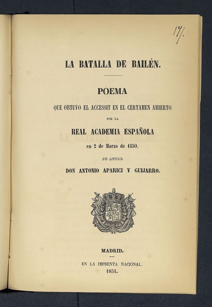 Miniatura de La batalla de Bailén : poema que obtuvo el accesit en el Certamen abierto por la Real academia española en 2 de marzo de 1850