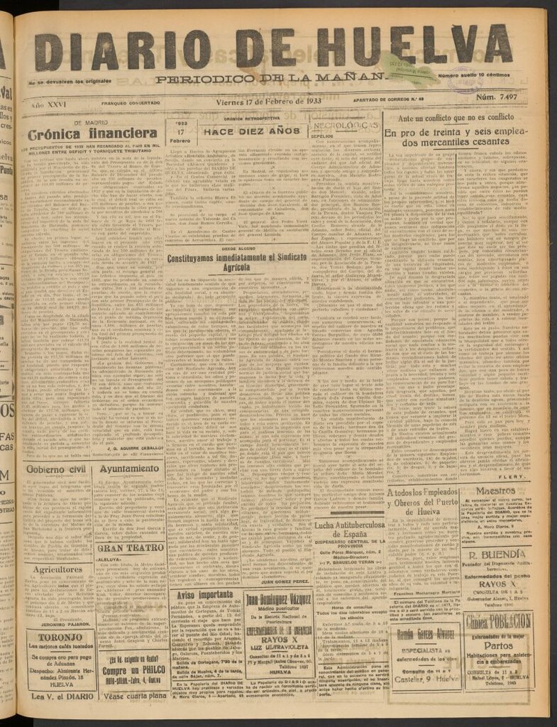 Miniatura de Diario de Huelva : periódico independiente del 17 de febrero de 1933