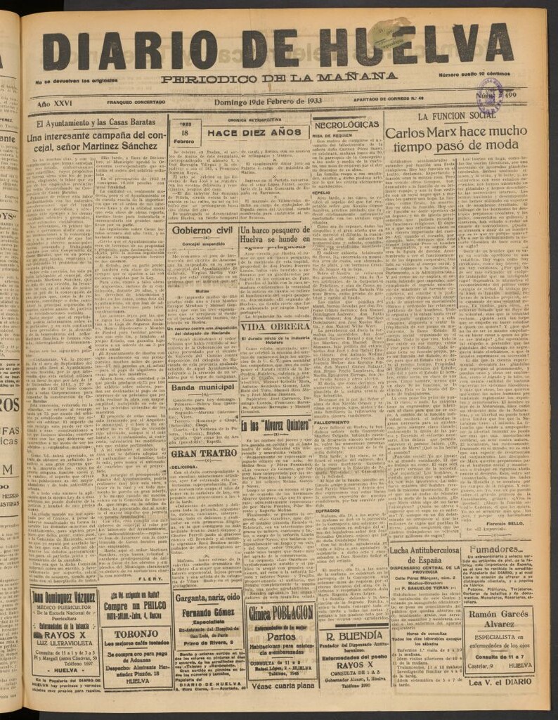 Miniatura de Diario de Huelva : periódico independiente del 19 de febrero de 1933