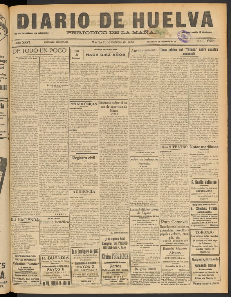 Miniatura de Diario de Huelva : periódico independiente del 21 de febrero de 1933