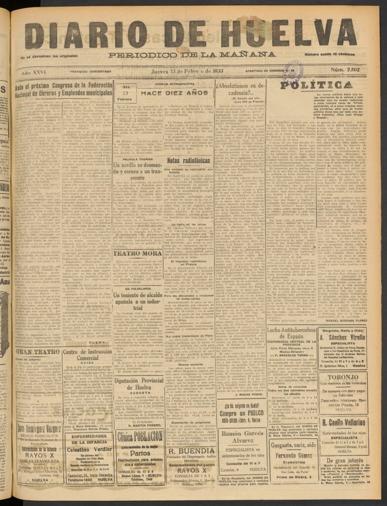 Miniatura de Diario de Huelva : periódico independiente del 23 de febrero de 1933