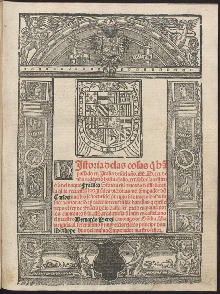 Miniatura de Historia de las cosas q[ue] ha[n] passado en Italia desdel año MDXXI de n[uest]ra rede[m]ptio[n] hasta el año XXX sobre la restitucio[n] del duque Fra[n]cisco Sforcia en [e]l ducado d[e] Mila[n] / traduziola d[e] latin en castellano el maestro Bernardo Perez, canonigo de Ga[n]dia...