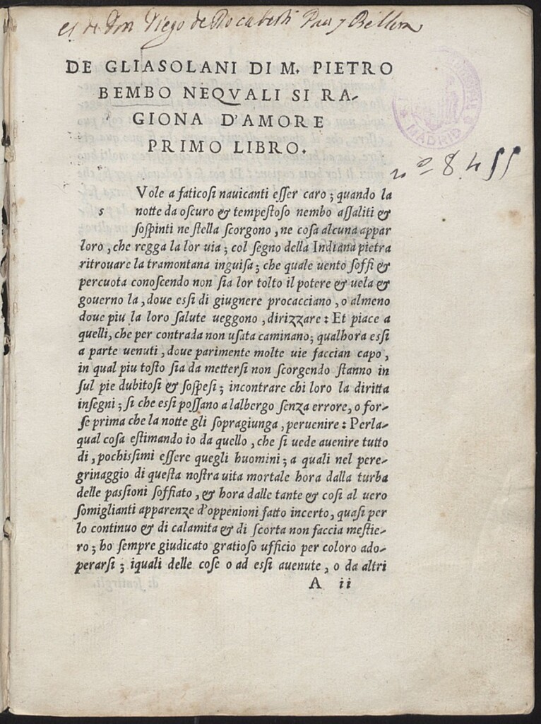 Miniatura de De gli asolani di M. Pietro Bembo