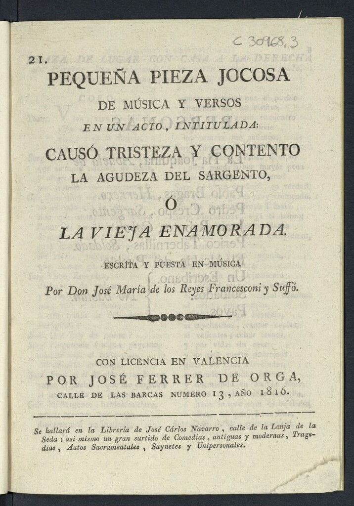 Miniatura de Pequeña pieza jocosa de música y versos en un acto intitulada, Causó tristeza y contento la agudeza del sargento o La vieja enamorada