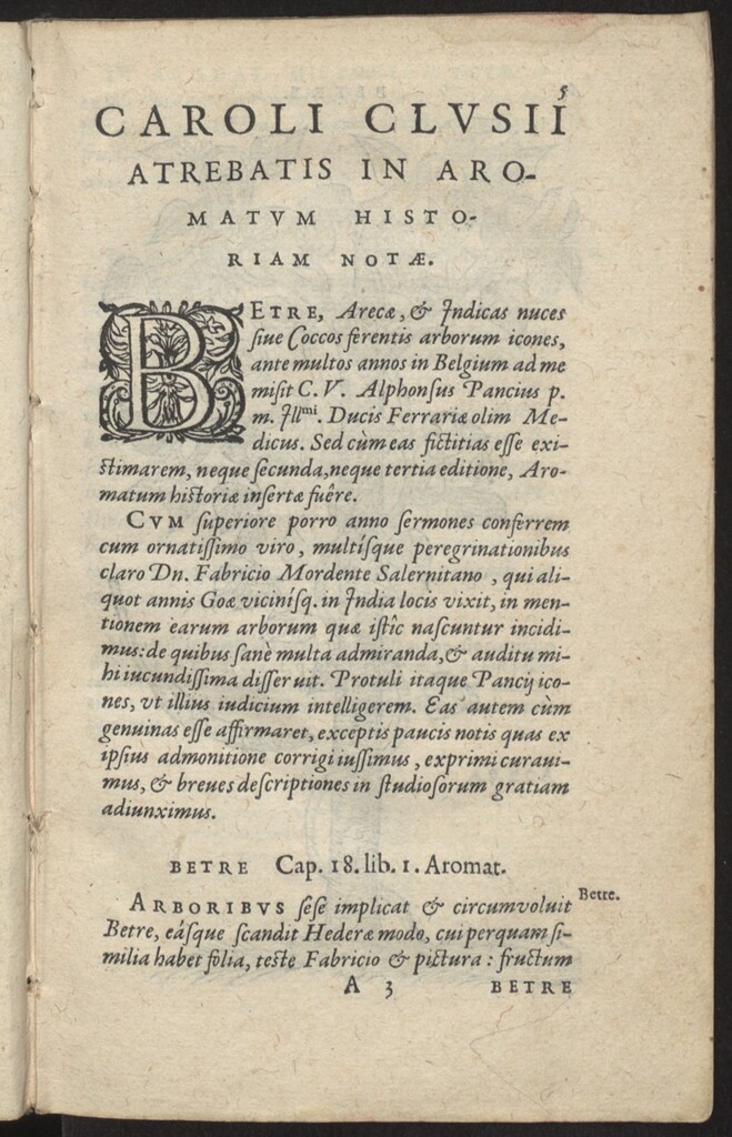 Miniatura de Carolij Clusij Atreb. aliquot notæ in Garciæ Aromatum Historiam ; Eiusdem Descriptiones nonullarum Stirpium, & aliarum exoticarum rerum...
