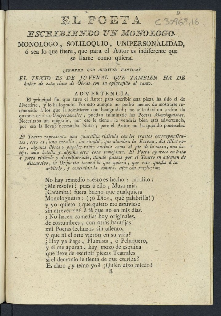 Miniatura de El poeta escribiendo un monólogo : monólogo, soliloquio, unipersonalidad o sea lo que fuera que para el autor es indiferente que se llame como quiera