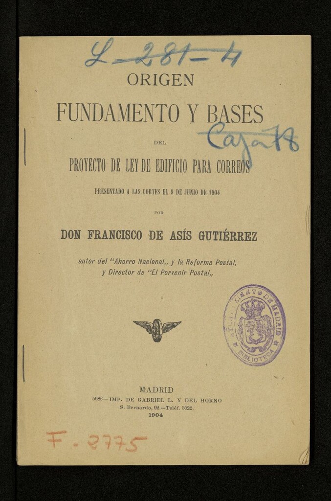 Miniatura de Origen, fundamento y bases del Proyecto de ley de edificio para correos.