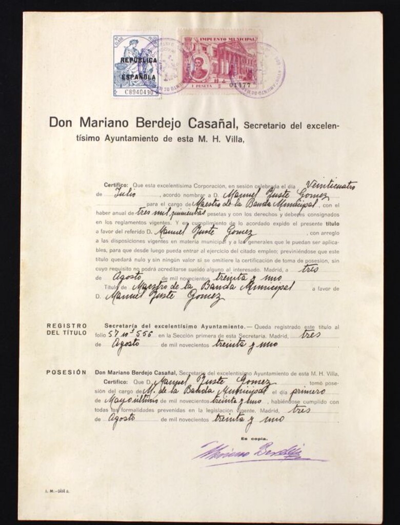 Miniatura de Título de Maestro de la Banda Municipal a favor de D. Manuel Juste Gómez y certificación de la toma de posesión de su cargo