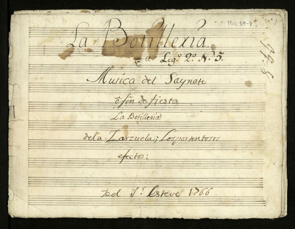 Miniatura de La botillería : música del sainete o fin de fiesta de la zarzuela Los portentosos efectos [Música manuscrita]