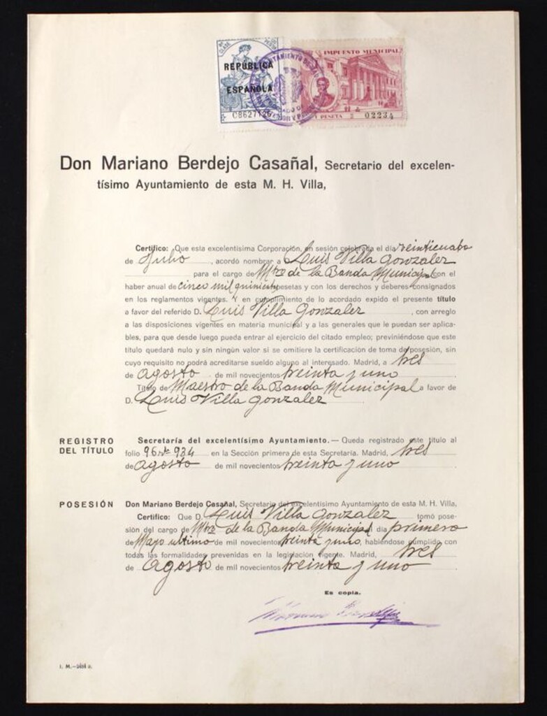 Miniatura de Título de Maestro de la Banda Municipal a favor de D. Luis Villa González y certificación de la toma de posesión de su cargo