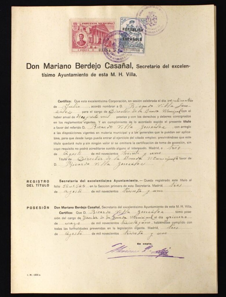 Miniatura de Título de Director de la Banda Municipal a favor de D. Ricardo Villa González y certificación de la toma de posesión de su cargo