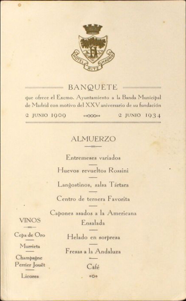 Miniatura de Menú del banquete ofrecido por el Ayuntamiento de Madrid a la Banda Municipal con motivo del XXV aniversario de su fundación (2 junio 1909 - 2 junio 1934)