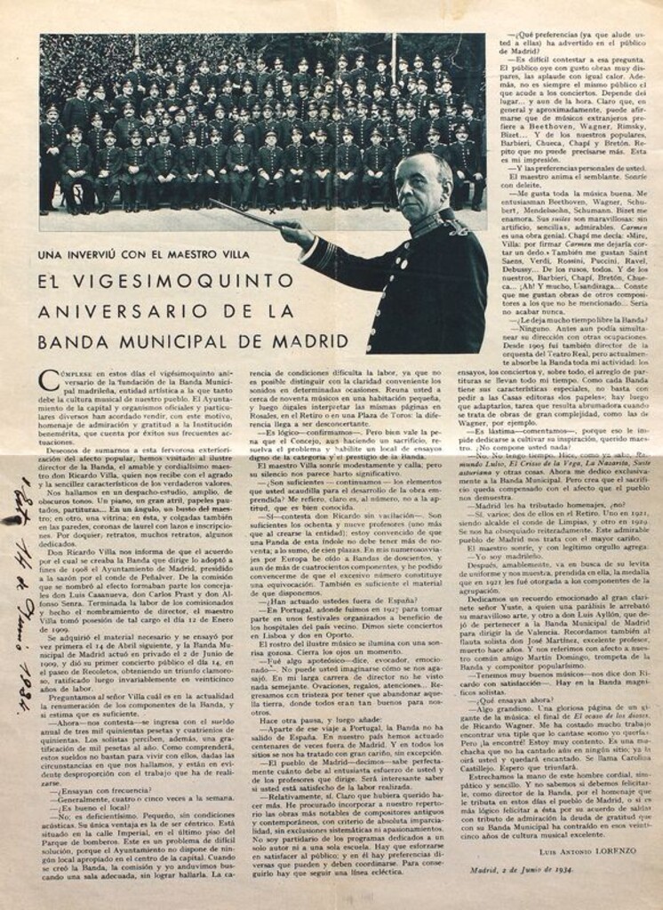 Miniatura de Una interviú con el maestro Villa. El vigesimoquinto aniversario de la Banda Municipal de Madrid