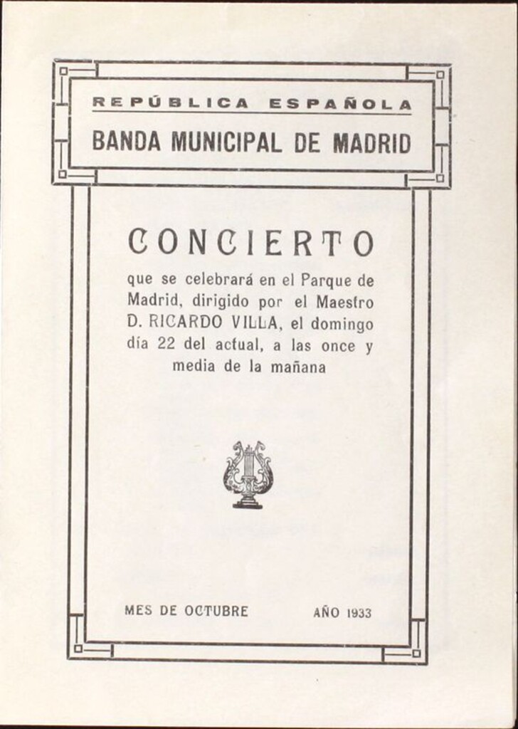Miniatura de Programa oficial de concierto de la Banda Municipal de Madrid. Parque de Madrid 22 de octubre de 1933
