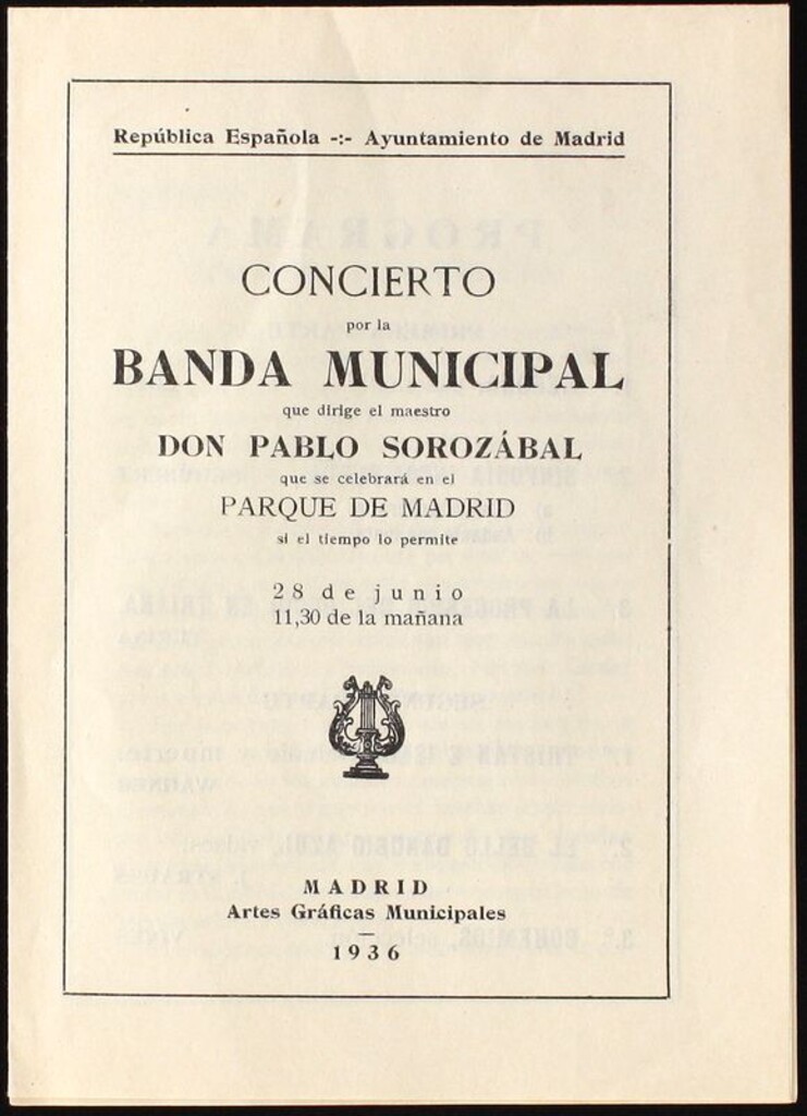 Miniatura de Programa oficial de concierto de la Banda Municipal de Madrid. Parque de Madrid 28 de junio de 1936