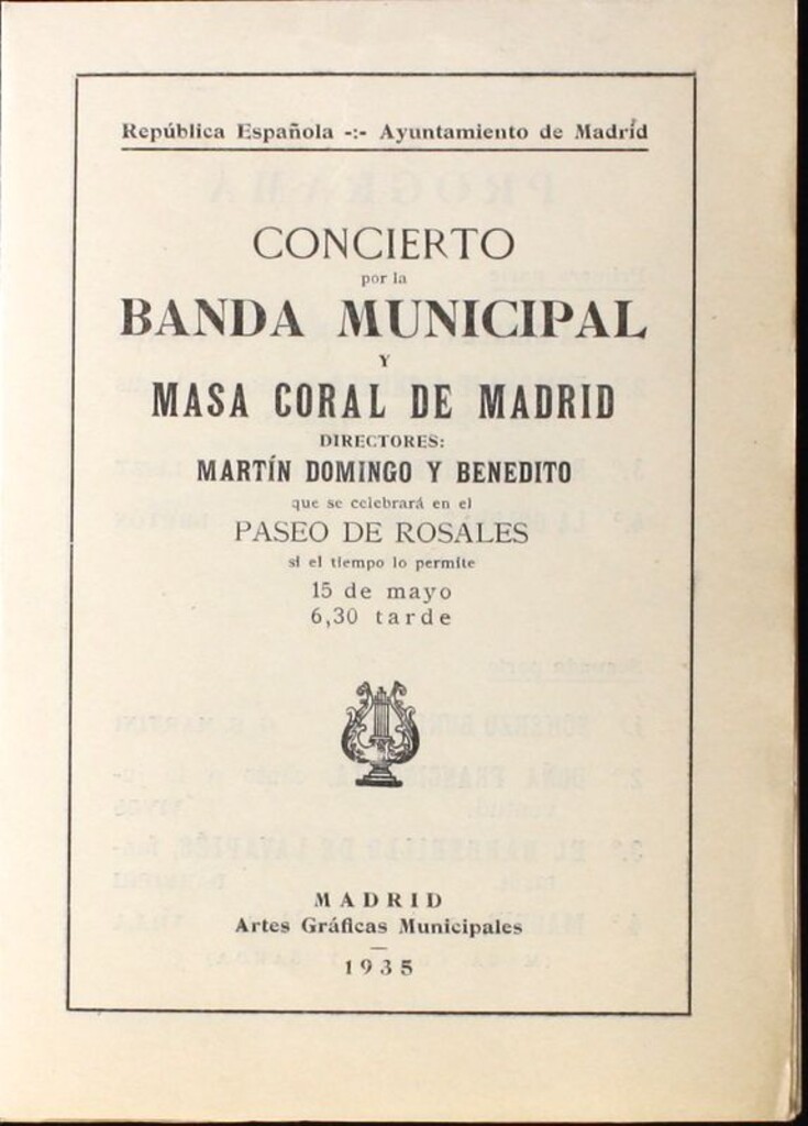 Miniatura de Programa oficial de concierto de la Banda Municipal y Masa Coral de Madrid. Paseo de Rosales 15 de mayo de 1935