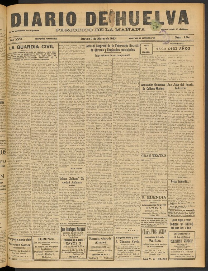 Miniatura de Diario de Huelva : periódico independiente del 9 de marzo de 1933