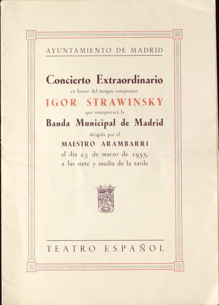 Miniatura de Programa oficial de concierto extraordinario de la Banda Municipal de Madrid en honor del insigne compositor Igor Strawinsky. Teatro Español 23 de marzo de 1955