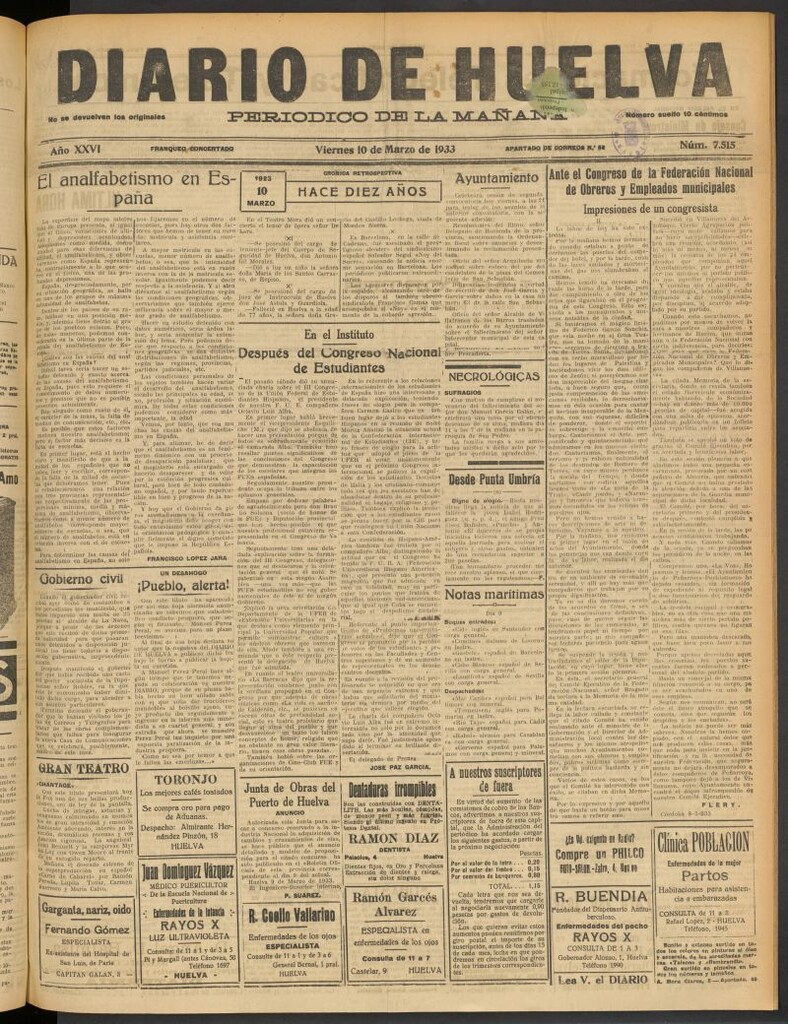 Miniatura de Diario de Huelva : periódico independiente del 10 de marzo de 1933