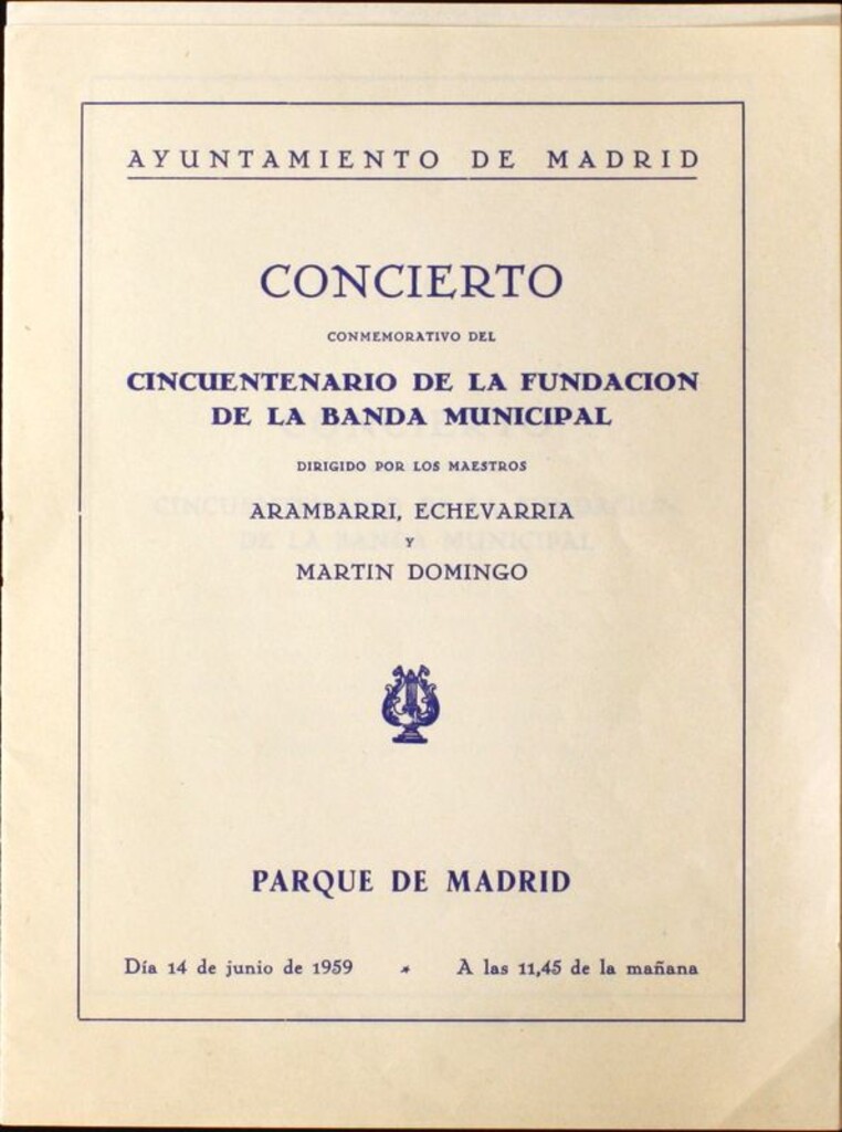 Miniatura de Programa oficial del concierto conmemorativo del cincuentenario de la fundación de la Banda Municipal dirigido por los maestros Arámbarri, Echevarría y Martín Domingo