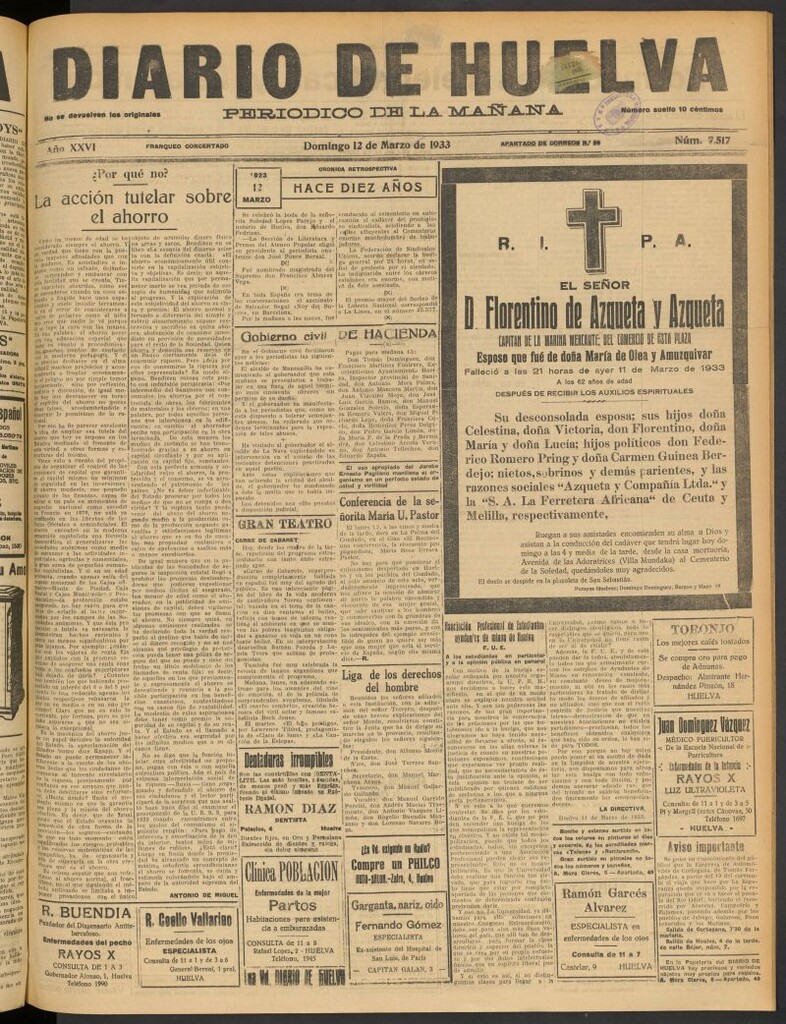 Miniatura de Diario de Huelva : periódico independiente del 12 de marzo de 1933