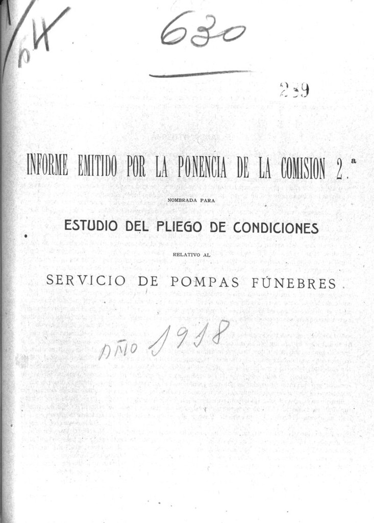 Miniatura de Informe emitido por la ponencia de la comisión 2ª nombrada para estudio del pliego de condiciones relativo al servicio de pompas fúnebres