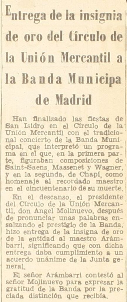 Miniatura de Entrega de la insignia de oro del Círculo de la Unión Mercantil a la Banda Municipal de Madrid