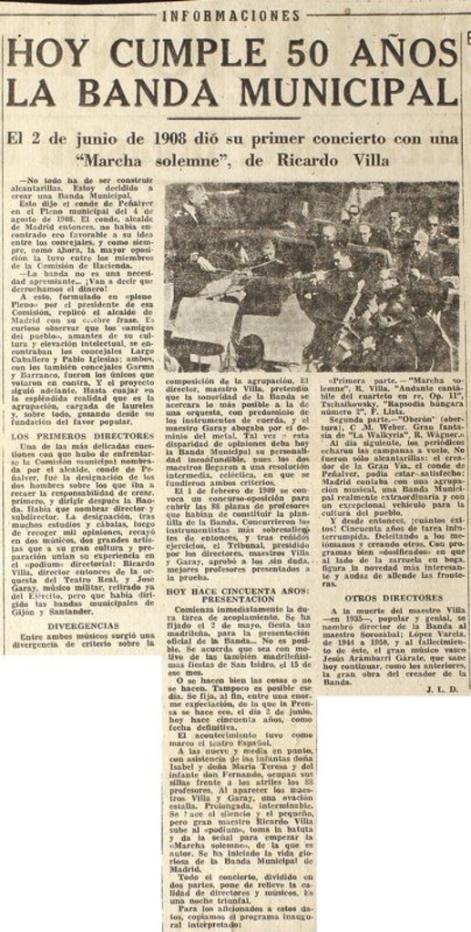 Miniatura de Hoy cumple 50 años la Banda Municipal. El 2 de junio de 1908 (sic) dio su primer concierto con una "Marcha solemne", de Ricardo Villa