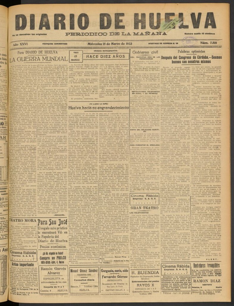 Miniatura de Diario de Huelva : periódico independiente del 15 de marzo de 1933