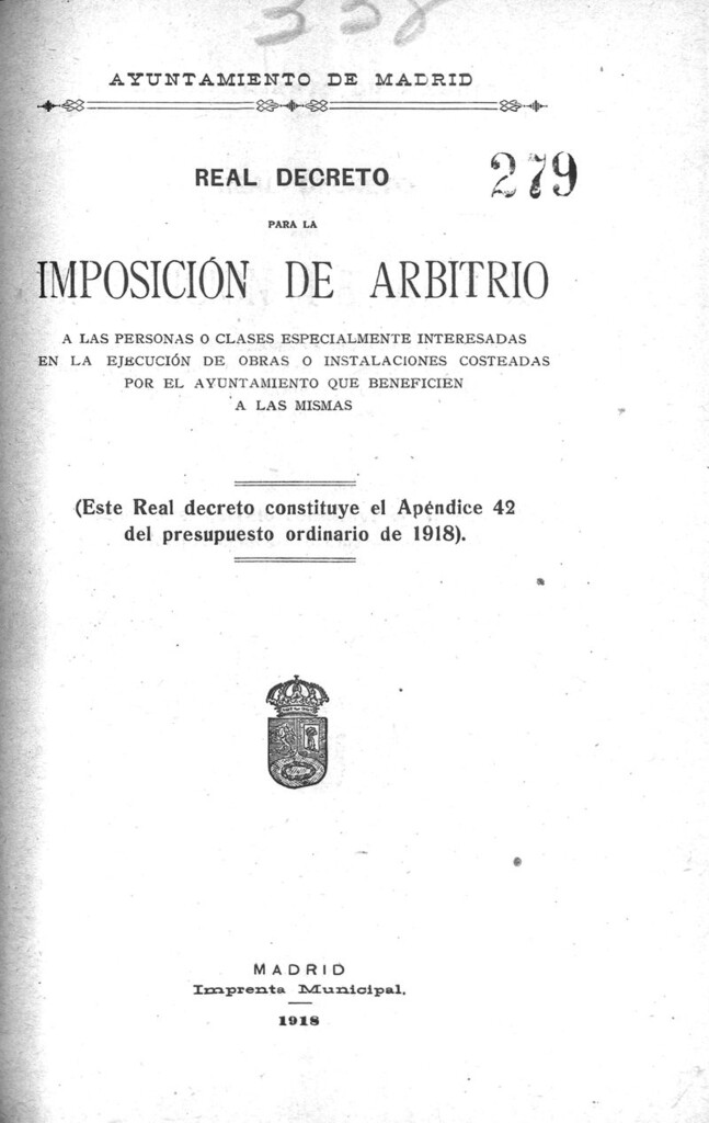 Miniatura de Real Decreto para la imposición de arbitrio a las personas o clases especialmente interesadas en la ejecución de obras o instalaciones costeadas por el Ayuntamiento que beneficien a las mismas